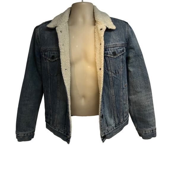 Levis Relaxed Denim Sherpa Lined Snap Mens Trucker Jacket Medium Flap Pockets - Picture 3 of 10